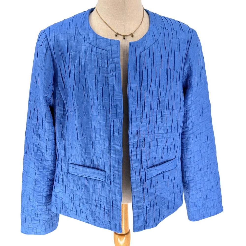 Brandon Thomas Blazer XL Blue Crinkle Textured Open Front Collarless Jacket